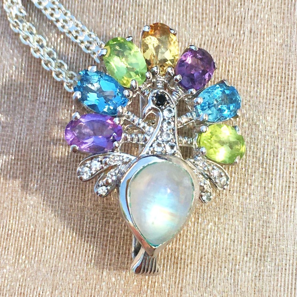 Genuine Moonstone Multigem Peacock Brooch Pendant .925 Sterling Silver Real Gems